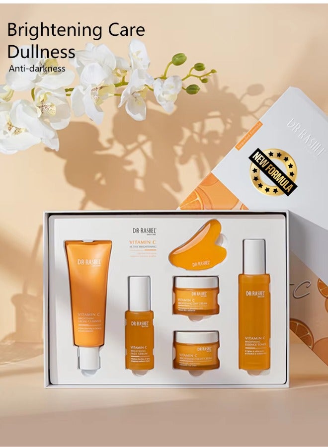 دكتور راشيل مجموعة العناية بالبشرة المشرقة النشطة بفيتامين C 6 قطع منظف تونر سيروم كريم نهاري كريم ليلي حجر غوا شا تبييض مرطب متألق مضاد للشيخوخة مجموعة وجه لجميع أنواع البشرة - Image 1