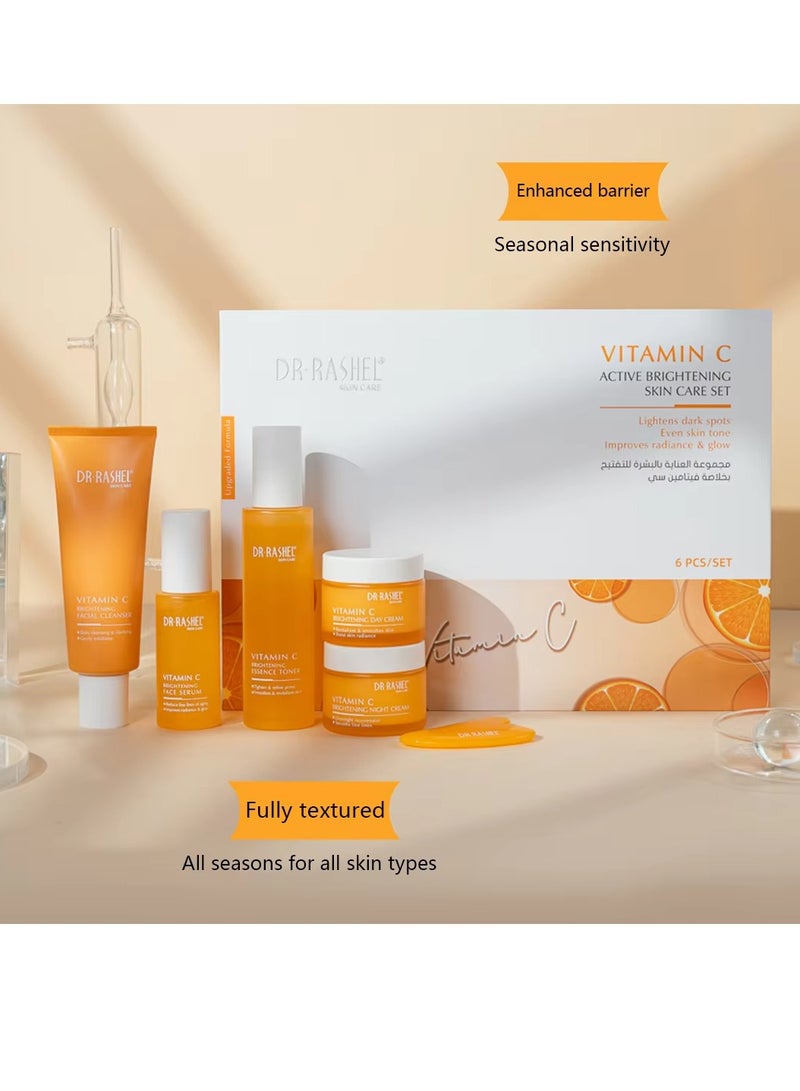 دكتور راشيل مجموعة العناية بالبشرة المشرقة النشطة بفيتامين C 6 قطع منظف تونر سيروم كريم نهاري كريم ليلي حجر غوا شا تبييض مرطب متألق مضاد للشيخوخة مجموعة وجه لجميع أنواع البشرة - Image 4