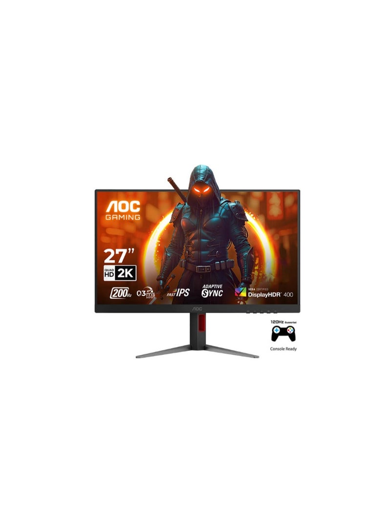 اي او سي شاشة الألعاب AOC Q27G4D مقاس 27 بوصة 2K QHD 2560x1440، DisplayHDR 400، نوع لوحة IPS سريعة، معدل تحديث 200 هرتز، زمن استجابة 0.3 مللي ثانية، تقنية التزامن التكيفية، تدعم 2K 120 هرتز على PS5 و Slim / Xbox X Series، قاعدة قابلة للتعديل في الارتفاع - أسود وأحمر