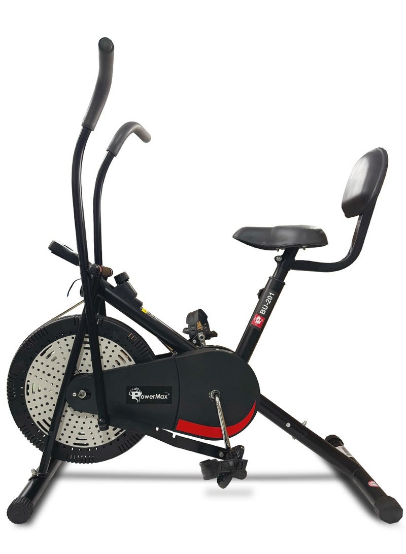 باورماكس فيتنيس دراجة هوائية مزدوجة الحركة PowerMax Fitness BU-201 لتمارين المنزل مع مقعد مبطن قابل للتعديل | دواسات غير قابلة للانزلاق | مقابض متحركة لدراجة الجيم لحد أقصى وزن 120 كجم، نظام سير - Image 1