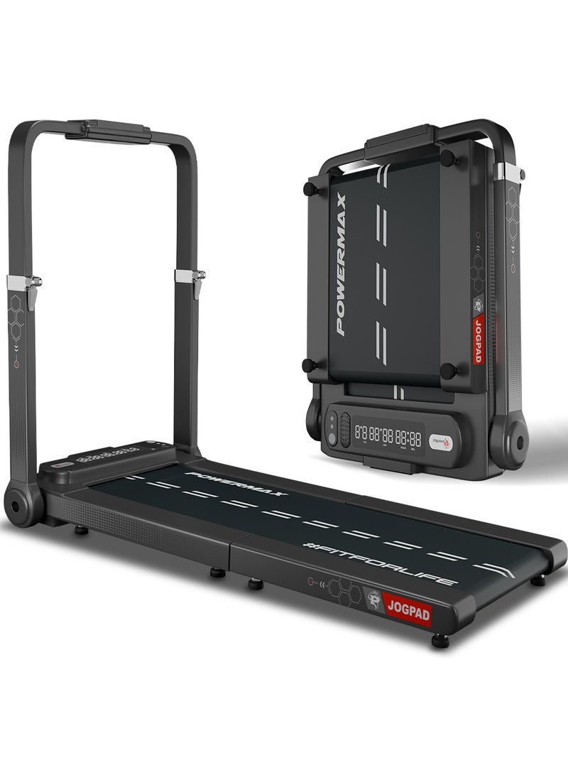 باورماكس فيتنيس جهاز المشي الكهربائي PowerMax Fitness JOGPAD (4HP Peak) القابل للطي للاستخدام المنزلي مع مقبض، جهاز تحكم عن بعد، أقصى وزن مستخدم 120 كجم، سرعة قصوى 12 كم/ساعة، سطح الجري 1080 مم × 400 مم، بلوتوث، مكبر صوت، حامل موبايل - Image 1