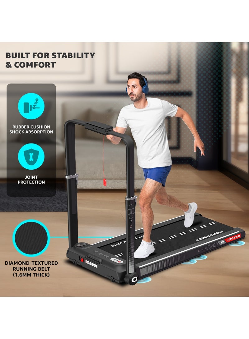 باورماكس فيتنيس جهاز المشي الكهربائي PowerMax Fitness JOGPAD (4HP Peak) القابل للطي للاستخدام المنزلي مع مقبض، جهاز تحكم عن بعد، أقصى وزن مستخدم 120 كجم، سرعة قصوى 12 كم/ساعة، سطح الجري 1080 مم × 400 مم، بلوتوث، مكبر صوت، حامل موبايل - Image 4
