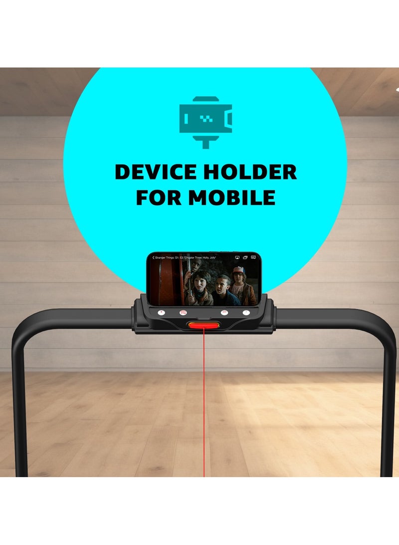 PowerMax Fitness JOGPAD (4HP Peak) Motorized Foldable Treadmill for Home Use with Handle, Remote Control, Max User 120kg, Top Speed 12kmph, Running Deck 1080mmx400mm, Bluetooth, Speaker, mobile holder image 6