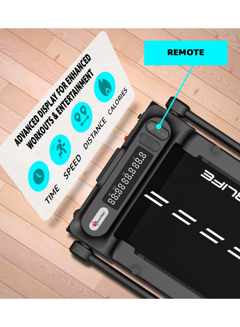 باورماكس فيتنيس جهاز المشي الكهربائي PowerMax Fitness JOGPAD (4HP Peak) القابل للطي للاستخدام المنزلي مع مقبض، جهاز تحكم عن بعد، أقصى وزن مستخدم 120 كجم، سرعة قصوى 12 كم/ساعة، سطح الجري 1080 مم × 400 مم، بلوتوث، مكبر صوت، حامل موبايل - Image 5