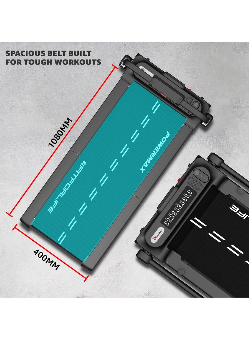 PowerMax Fitness JOGPAD (4HP Peak) Motorized Foldable Treadmill for Home Use with Handle, Remote Control, Max User 120kg, Top Speed 12kmph, Running Deck 1080mmx400mm, Bluetooth, Speaker, mobile holder image 7