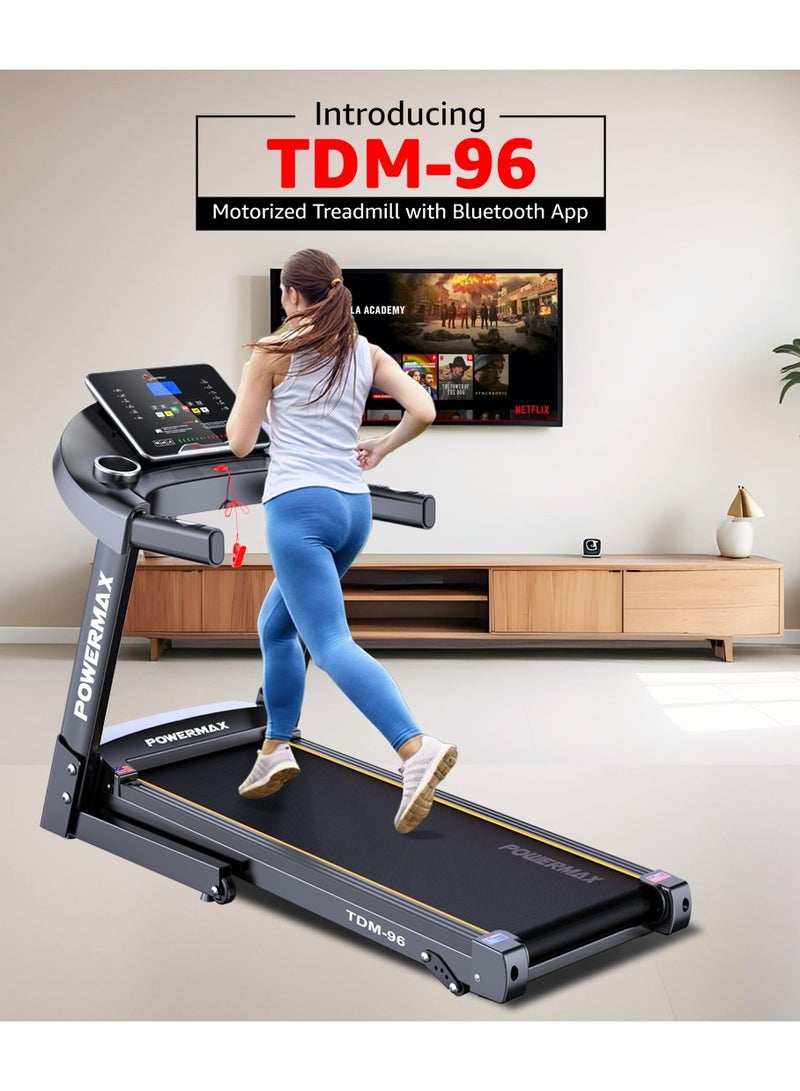 PowerMax Fitness Fitness TDM-96 (4HP Peak) Motorised Treadmill for Home Use [ Max User Wt. 110kg | LCD Display | Bluetooth for Music & Mobile App | 3 Level Manual Incline ] Free (DIY) Installation Assistance - Image 2