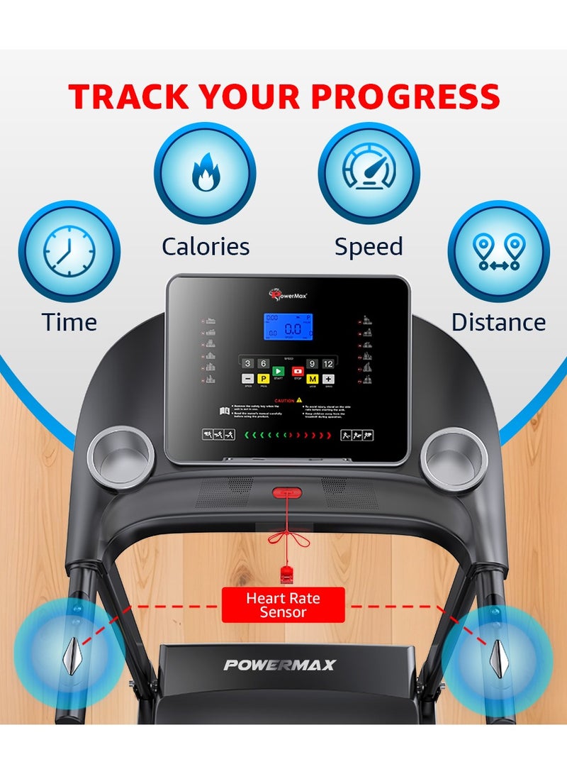 PowerMax Fitness Fitness TDM-96 (4HP Peak) Motorised Treadmill for Home Use [ Max User Wt. 110kg | LCD Display | Bluetooth for Music & Mobile App | 3 Level Manual Incline ] Free (DIY) Installation Assistance - Image 3