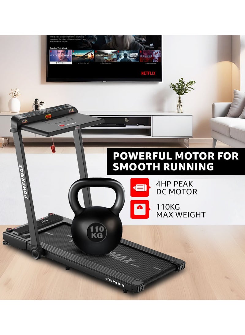 باورماكس فيتنيس جهاز جوج باد-3 للياقة البدنية - محرك 4 حصان (ذروة) جهاز مشي كهربائي 2 في 1 مع مكتب مدمج للتمارين المنزلية | جهاز مشي | تحكم عن بعد، أقصى وزن مستخدم 110 كجم، سرعة قصوى 12 كم/ساعة، شاشة LED، بلوتوث، مكبر صوت، حامل آيباد - Image 3