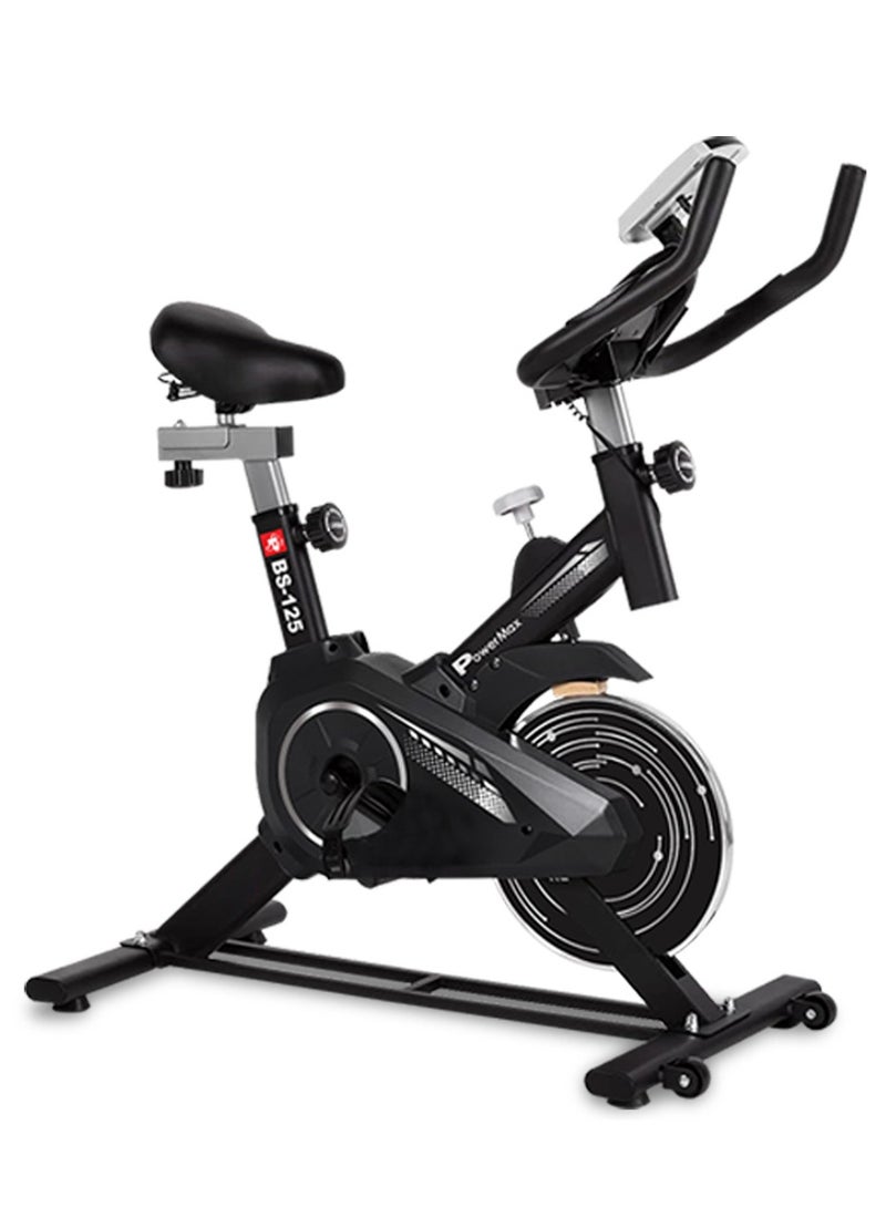PowerMax Fitness BS-125 Spin Exercise Bike for Home use, 16mm 7Kg Flywheel, Max User Weight 130kg, LCD Display, 2pc Crank, Heart rate sensor, Knob braking, Adjustable foot strap and seat, iPad holder - Image 1