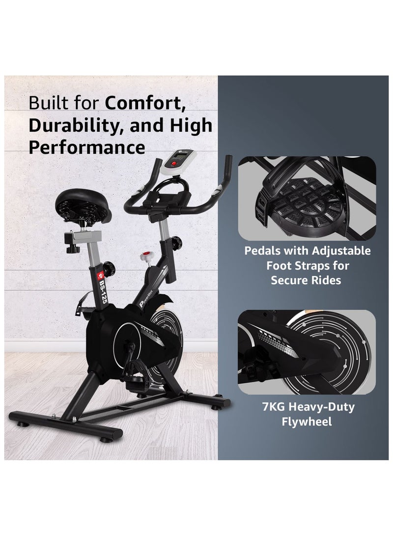 PowerMax Fitness BS-125 Spin Exercise Bike for Home use, 16mm 7Kg Flywheel, Max User Weight 130kg, LCD Display, 2pc Crank, Heart rate sensor, Knob braking, Adjustable foot strap and seat, iPad holder - Image 2