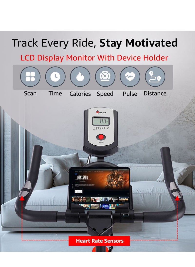 PowerMax Fitness BS-125 Spin Exercise Bike for Home use, 16mm 7Kg Flywheel, Max User Weight 130kg, LCD Display, 2pc Crank, Heart rate sensor, Knob braking, Adjustable foot strap and seat, iPad holder - Image 3