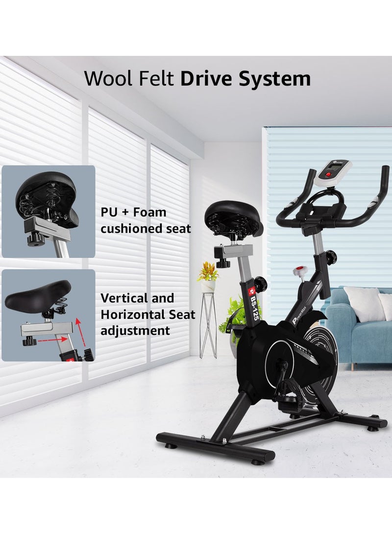 PowerMax Fitness BS-125 Spin Exercise Bike for Home use, 16mm 7Kg Flywheel, Max User Weight 130kg, LCD Display, 2pc Crank, Heart rate sensor, Knob braking, Adjustable foot strap and seat, iPad holder - Image 4