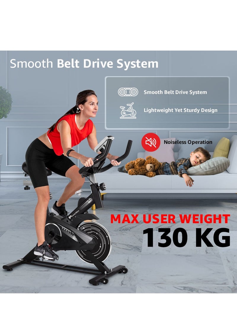 PowerMax Fitness BS-125 Spin Exercise Bike for Home use, 16mm 7Kg Flywheel, Max User Weight 130kg, LCD Display, 2pc Crank, Heart rate sensor, Knob braking, Adjustable foot strap and seat, iPad holder - Image 5