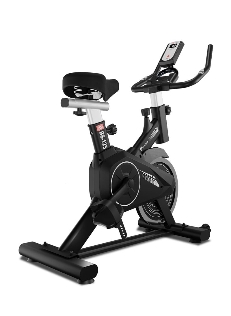 PowerMax Fitness BS-125 Spin Exercise Bike for Home use, 16mm 7Kg Flywheel, Max User Weight 130kg, LCD Display, 2pc Crank, Heart rate sensor, Knob braking, Adjustable foot strap and seat, iPad holder - Image 1