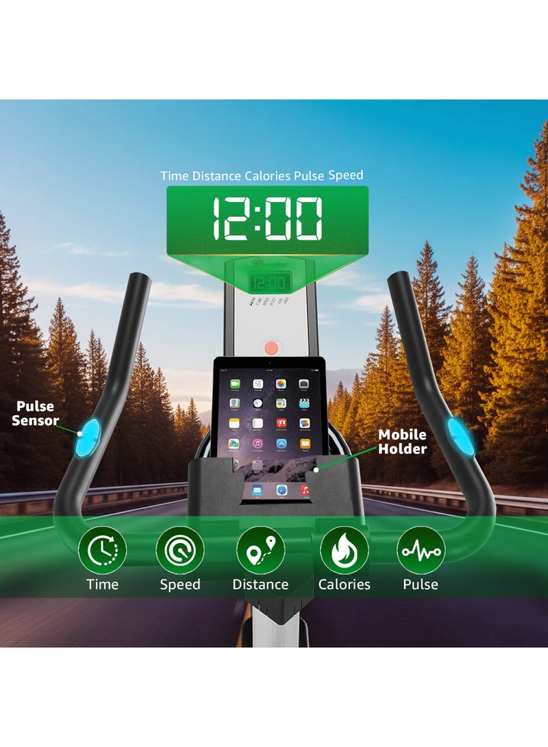 PowerMax Fitness BS-125 Spin Exercise Bike for Home use, 16mm 7Kg Flywheel, Max User Weight 130kg, LCD Display, 2pc Crank, Heart rate sensor, Knob braking, Adjustable foot strap and seat, iPad holder - Image 2