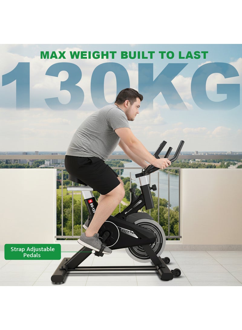PowerMax Fitness BS-125 Spin Exercise Bike for Home use, 16mm 7Kg Flywheel, Max User Weight 130kg, LCD Display, 2pc Crank, Heart rate sensor, Knob braking, Adjustable foot strap and seat, iPad holder - Image 4