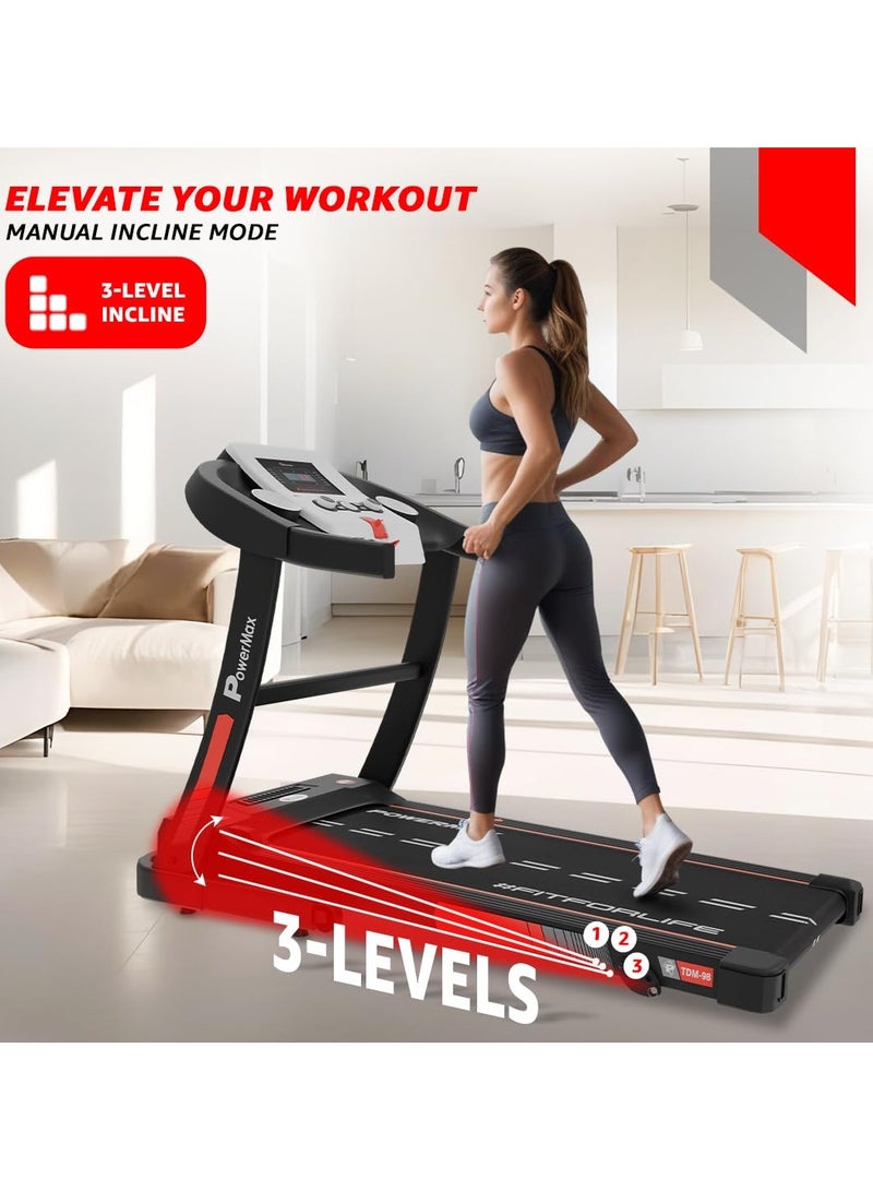 باورماكس فيتنيس جهاز المشي الكهربائي القابل للطي فيتنس TDM-98 (4.0 حصان ذروة) للاستخدام المنزلي بوزن 110 كجم، سرعة قصوى 12 كم/ساعة، برامج مسبقة، حساسات نبضات القلب، مدخل AUX مع مفاتيح التحكم في الصوت، USB، شاشة LED - Image 5