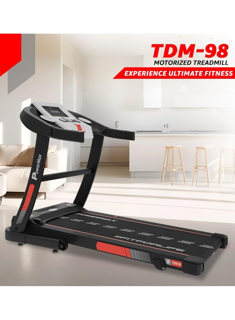 باورماكس فيتنيس جهاز المشي الكهربائي القابل للطي فيتنس TDM-98 (4.0 حصان ذروة) للاستخدام المنزلي بوزن 110 كجم، سرعة قصوى 12 كم/ساعة، برامج مسبقة، حساسات نبضات القلب، مدخل AUX مع مفاتيح التحكم في الصوت، USB، شاشة LED - Image 2