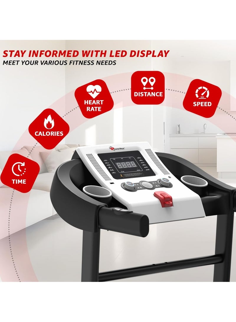 باورماكس فيتنيس جهاز المشي الكهربائي القابل للطي فيتنس TDM-98 (4.0 حصان ذروة) للاستخدام المنزلي بوزن 110 كجم، سرعة قصوى 12 كم/ساعة، برامج مسبقة، حساسات نبضات القلب، مدخل AUX مع مفاتيح التحكم في الصوت، USB، شاشة LED - Image 4