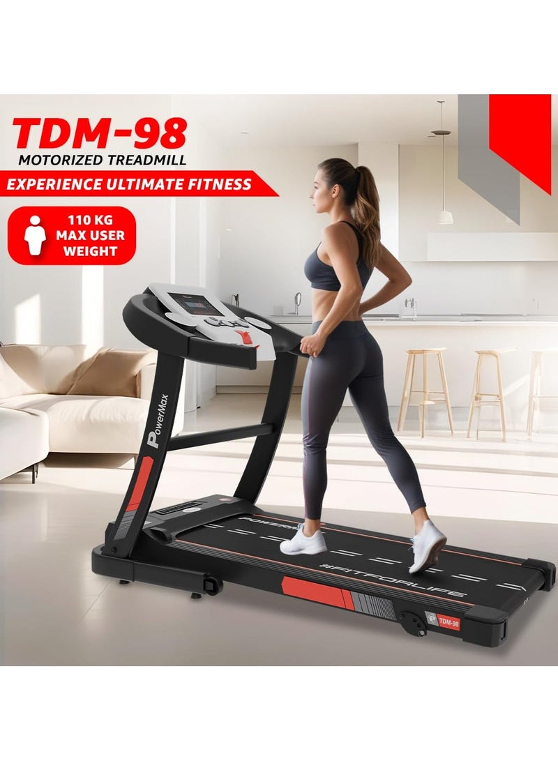 باورماكس فيتنيس جهاز المشي الكهربائي القابل للطي فيتنس TDM-98 (4.0 حصان ذروة) للاستخدام المنزلي بوزن 110 كجم، سرعة قصوى 12 كم/ساعة، برامج مسبقة، حساسات نبضات القلب، مدخل AUX مع مفاتيح التحكم في الصوت، USB، شاشة LED - Image 3