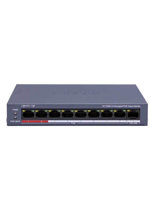 هيك فيجن DS-3E0109P-E/M-C+ 8-Port 10/100Mbps Unmanaged PoE Switch, 80W Total Power, IEEE 802.3af/at, 1x Uplink Port, 6kV Surge Protection, Long Range up to 300m, Desktop/Wall Mount, Plug & Play | DS-3E0109P-E/M(C) grey - Image 1