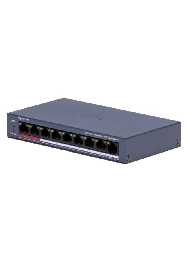 هيك فيجن DS-3E0109P-E/M-C+ 8-Port 10/100Mbps Unmanaged PoE Switch, 80W Total Power, IEEE 802.3af/at, 1x Uplink Port, 6kV Surge Protection, Long Range up to 300m, Desktop/Wall Mount, Plug & Play | DS-3E0109P-E/M(C) grey - Image 5