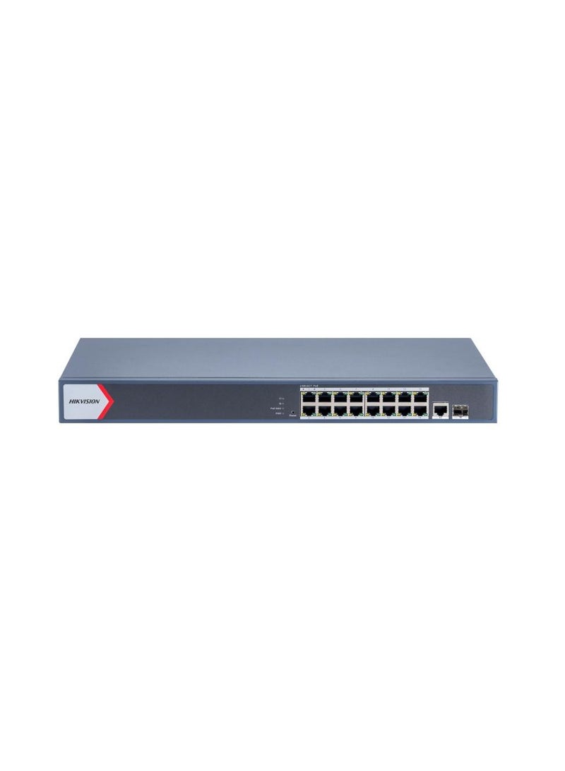 HIKVISION DS-3E1518P-EI 16-Port Gigabit Smart Managed PoE Switch – 16x RJ45 PoE Ports, 1x Uplink RJ45, 1x SFP Fiber, 230W PoE Budget, IEEE 802.3af/at, Web & SNMP Management, VLAN, QoS, STP/RSTP, PoE Watchdog, Long-Range 300m, Topology Visualization, Network Health Monitoring | DS-3E1518P-EI grey