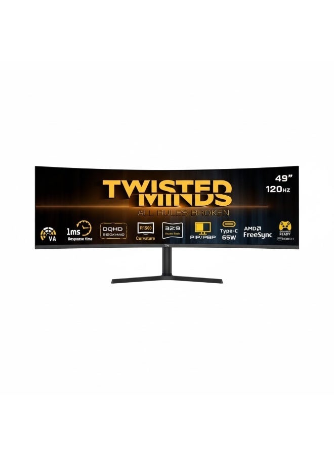 TWISTED MINDS TM49CDQHDVA 49″ Ultrawide Curved Gaming Monitor – 144Hz, 1ms, CDQHD 5120×1440, HDR10, 1800R, FreeSync & G-SYNC Compatible, Adjustable Stand Black - Image 1