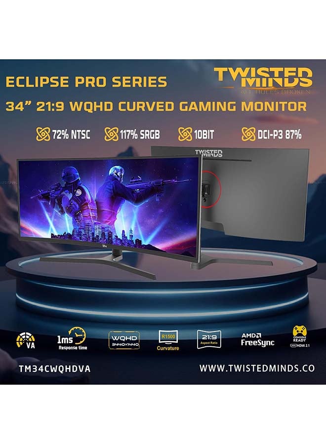 TWISTED MINDS 34 inch Ultra-Wide Curved Gaming Monitor – WQHD 3440×1440, 180 Hz, 1 ms (OD), HDR10, 1500R Curvature, FreeSync & G-Sync Compatible, Dual HDMI 2.1, DisplayPort, Speakers, TM34CWQHDVA black - Image 4