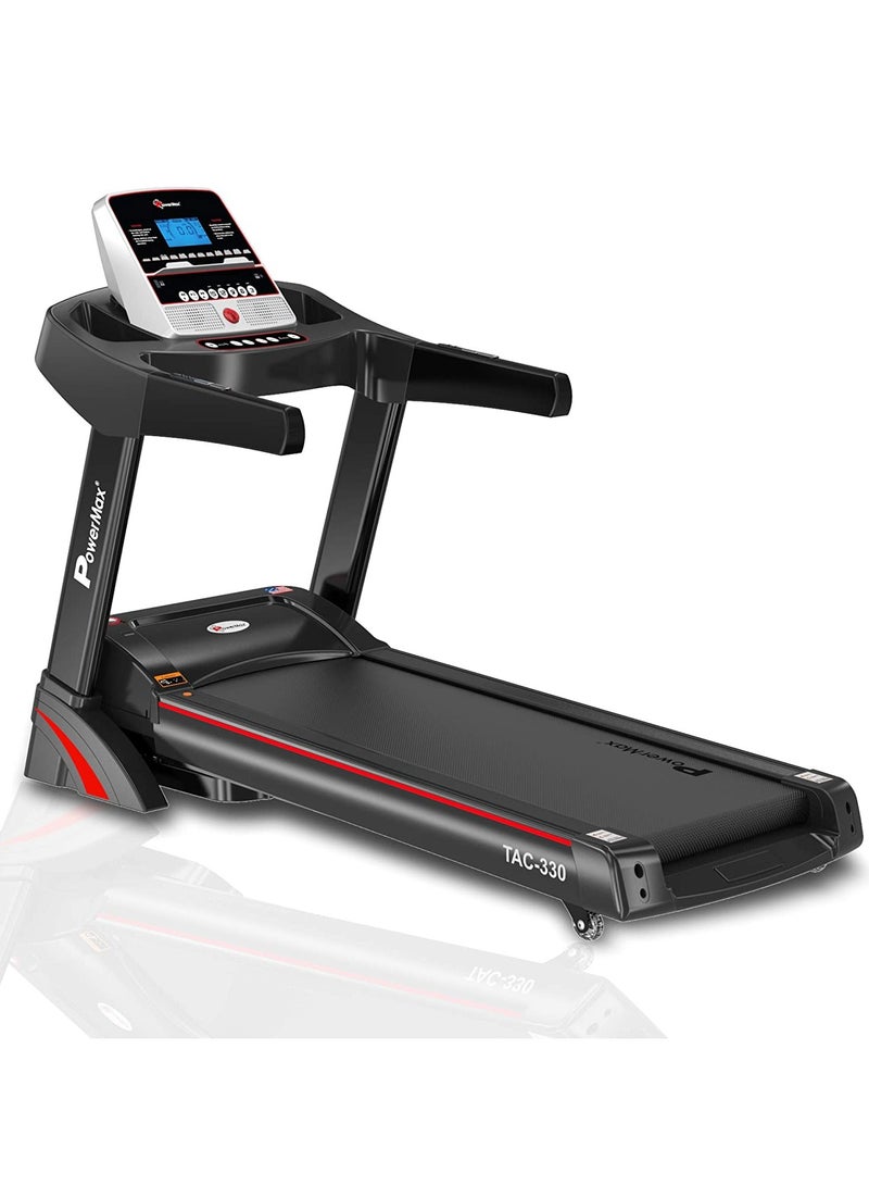 باورماكس فيتنيس تريدميل باورماكس فيتنس TAC-330 (6 حصان ذروة) كهربائي منزلي [السرعة: 15 كم/ساعة، الحد الأقصى لوزن المستخدم: 130 كجم، قابل للطي، 12 برنامج تمرين، MP3] مساعدة مجانية في التركيب وعرض - ضمان محرك لمدة سنة واحدة - Image 1