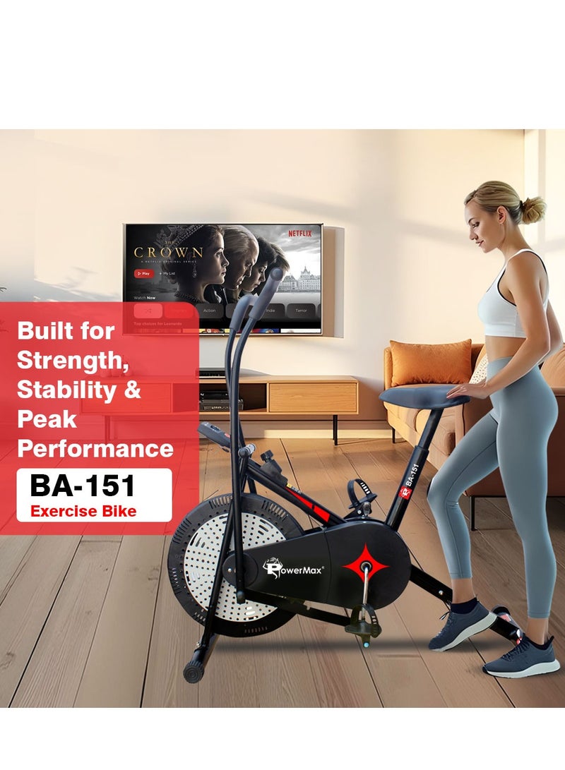 PowerMax Fitness BA-151 Air Bike with 1.5kg Fly Wheel, Moving Handles, Adjustable Seat | Home Gym Exercise Cycle for 120kg Max User | V-Belt Drive, Non-Slip Pedals | LCD Display - Image 2