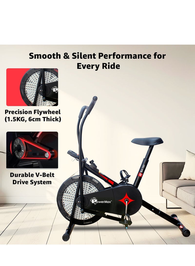 PowerMax Fitness BA-151 Air Bike with 1.5kg Fly Wheel, Moving Handles, Adjustable Seat | Home Gym Exercise Cycle for 120kg Max User | V-Belt Drive, Non-Slip Pedals | LCD Display - Image 4