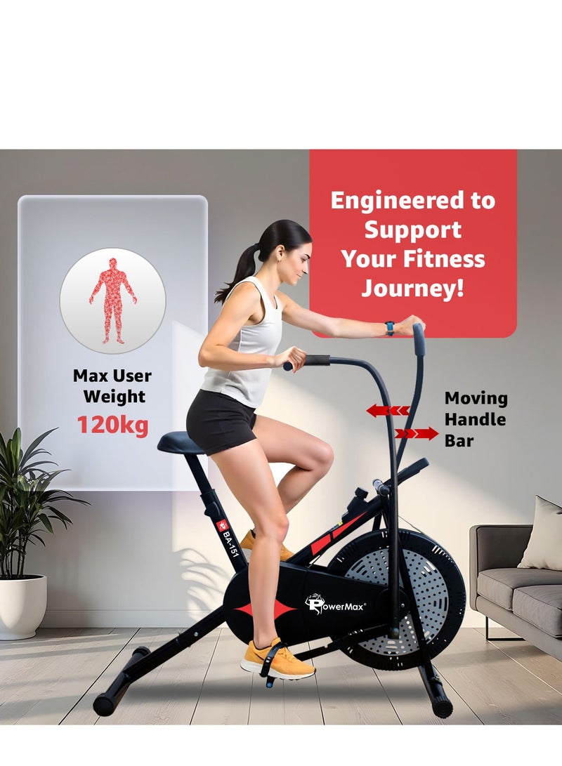 PowerMax Fitness BA-151 Air Bike with 1.5kg Fly Wheel, Moving Handles, Adjustable Seat | Home Gym Exercise Cycle for 120kg Max User | V-Belt Drive, Non-Slip Pedals | LCD Display - Image 3