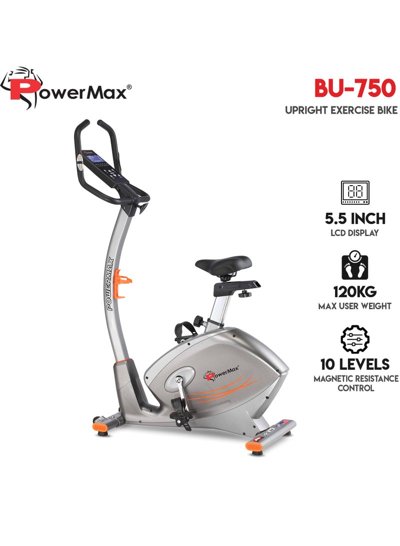 Powermax Fitness Bu-750 Exercise Upright Bike With Hand Pulse, Adjustable Resistance, Water Bottle Cage, 9Kg Flywheel For Cardio Training Workout At Home, Silver Shine Colour NANone - Image 2