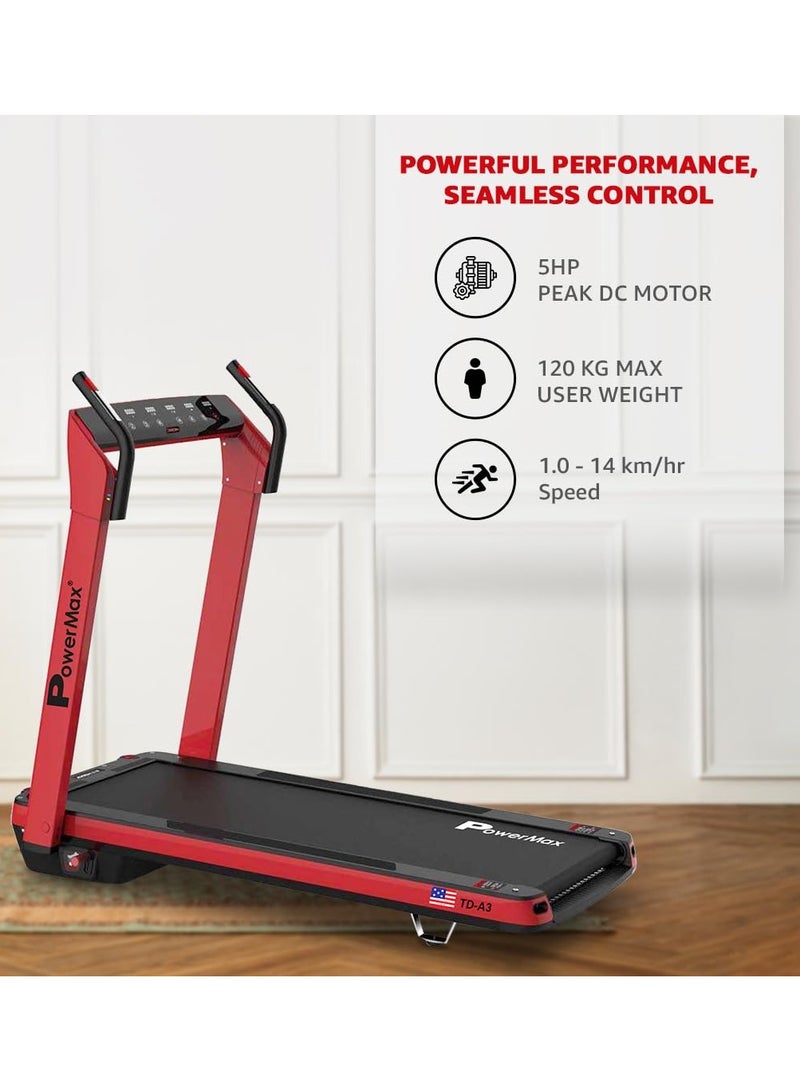باورماكس فيتنيس تريدميل باورماكس فيتنس أوربان تريك Td-A3 (5.0Hp ذروة) القابل للطي للاستخدام المنزلي | تريدميل مع ميل تلقائي | شاشة 135 Edge | الحد الأقصى للوزن 120Kg | السرعة القصوى 14Kmph | جهاز تمرين بمستشعر نبضات القلب - Image 3