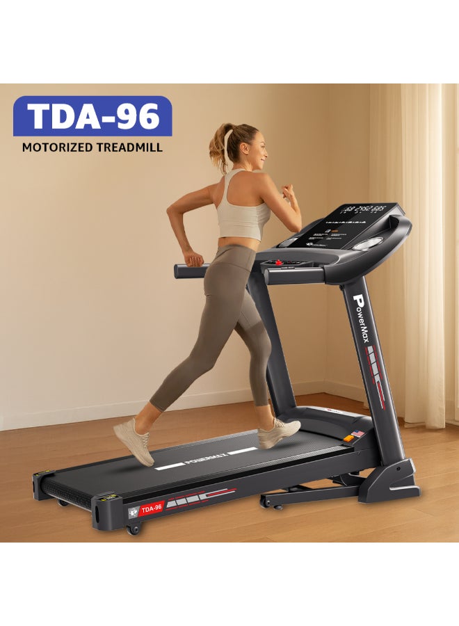 باورماكس فيتنيس تريدميل باورماكس فيتنس TDA-96 مع ميل تلقائي للاستخدام المنزلي (4 حصان ذروة) | وزن مستخدم 110 كجم | بلوتوث للموسيقى وتطبيق التتبع | 12 برنامج مسبق الإعداد | حساسات معدل ضربات القلب وطوي هيدروليكي - Image 2