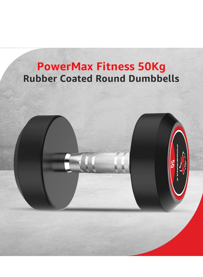 باورماكس فيتنيس دمبل احترافي دائري مغطى بالمطاط من باورماكس فيتنس لصالة الألعاب الرياضية المنزلية | دمبل لتمارين صالة الألعاب الرياضية المنزلية | دمبل صالة الألعاب الرياضية | دمبل للياقة البدنية للرجال والنساء | 50 كجم دمبل × 1 | أسود - Image 2