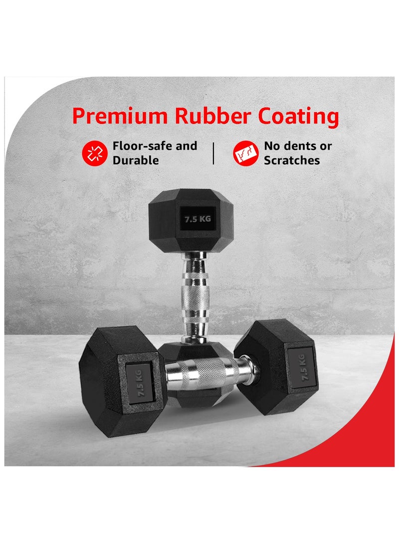 PowerMax Fitness 7.5kg Hexagon Dumbbells Pair (Set of 2) for Home Gym & Commercial Use | Durable Rubber-Coated Anti-Roll Free Weights | Ideal for Strength Training, Muscle Building, Cardio Workout - Image 3