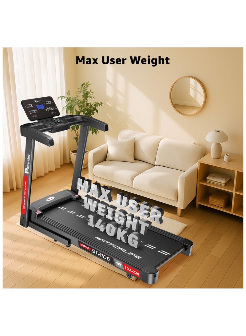 PowerMax Fitness TDA-230 5HP DC Motorized Foldable Auto Incline Treadmill for Home, Max user 140kg, Top speed 14km/hr, Running deck 1200x420mm Foldable machine, LED display, ipad & Mobile holder 157cm - Image 4