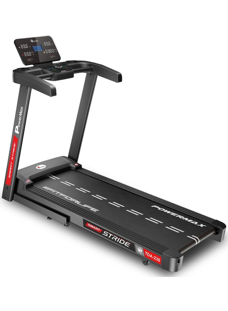 PowerMax Fitness TDA-230 5HP DC Motorized Foldable Auto Incline Treadmill for Home, Max user 140kg, Top speed 14km/hr, Running deck 1200x420mm Foldable machine, LED display, ipad & Mobile holder 157cm - Image 1