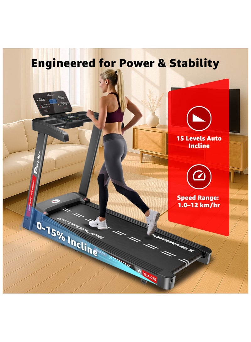 PowerMax Fitness TDA-230 5HP DC Motorized Foldable Auto Incline Treadmill for Home, Max user 140kg, Top speed 14km/hr, Running deck 1200x420mm Foldable machine, LED display, ipad & Mobile holder 157cm - Image 2