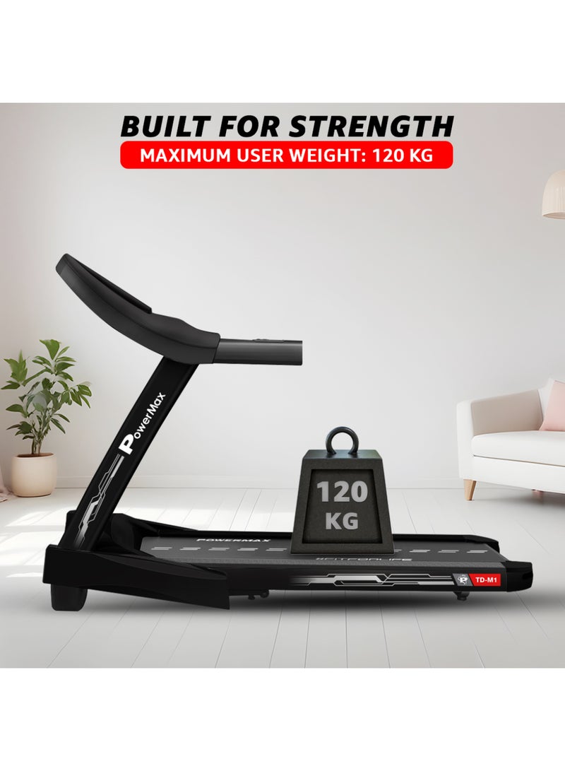 باورماكس فيتنيس جهاز المشي Td-M1 بمحرك Bldc بقوة 6Hp للمنزل | أقصى وزن مستخدم 120Kg، سرعة قصوى 14Kmph، قابل للطي بمستويين | تزييت شبه تلقائي | شاشة Lcd، بلوتوث للموسيقى، مكبر صوت - Image 3