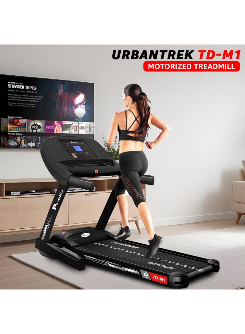 باورماكس فيتنيس جهاز المشي Td-M1 بمحرك Bldc بقوة 6Hp للمنزل | أقصى وزن مستخدم 120Kg، سرعة قصوى 14Kmph، قابل للطي بمستويين | تزييت شبه تلقائي | شاشة Lcd، بلوتوث للموسيقى، مكبر صوت - Image 5