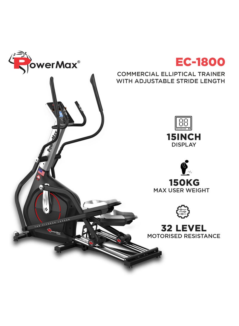 باورماكس فيتنيس جهاز التمارين البيضاوي باورماكس فيتنس EC-1800 - آلة تمارين رياضية منزلية مع تطبيق بلوتوث، شاشة LCD، مستشعر نبض اليد، دواسات مضادة للانزلاق و32 مستوى مقاومة، دولاب 14 كجم لتدريب القلب - Image 2