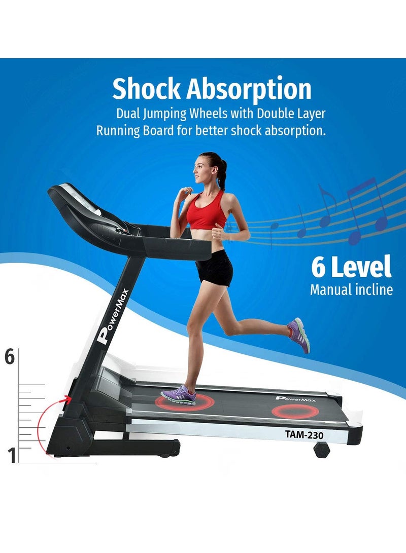 Powermax Fitness Tam-230 (4Hp Peak) Motorised Treadmill For Home, Gym With 6 Level Manual Incline, 12 Pre-Set Programs, Max.Speed 14.8 Km/Ph, Max User Weight 110Kg, 160cm - Image 4