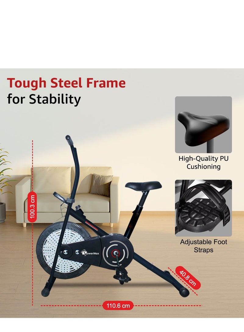 PowerMax Fitness BA-130 Air Bike Exercise Cycle for Home-Gym Workout with 1.5kg Fly wheel, Non-Slip Pedals |Fixed Handle Gym Bike for Max user 120kg, Belt Drive, Adjustable seat-Black - Image 2