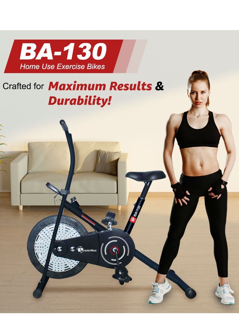 PowerMax Fitness BA-130 Air Bike Exercise Cycle for Home-Gym Workout with 1.5kg Fly wheel, Non-Slip Pedals |Fixed Handle Gym Bike for Max user 120kg, Belt Drive, Adjustable seat-Black - Image 3