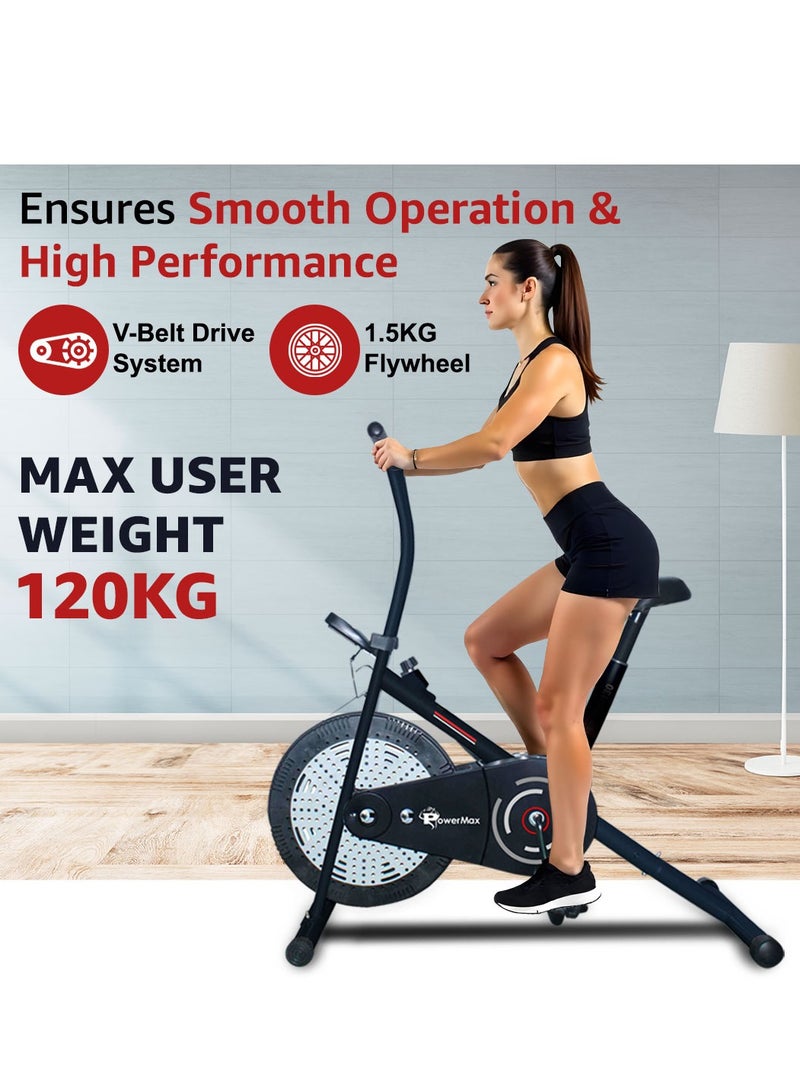 PowerMax Fitness BA-130 Air Bike Exercise Cycle for Home-Gym Workout with 1.5kg Fly wheel, Non-Slip Pedals |Fixed Handle Gym Bike for Max user 120kg, Belt Drive, Adjustable seat-Black - Image 5