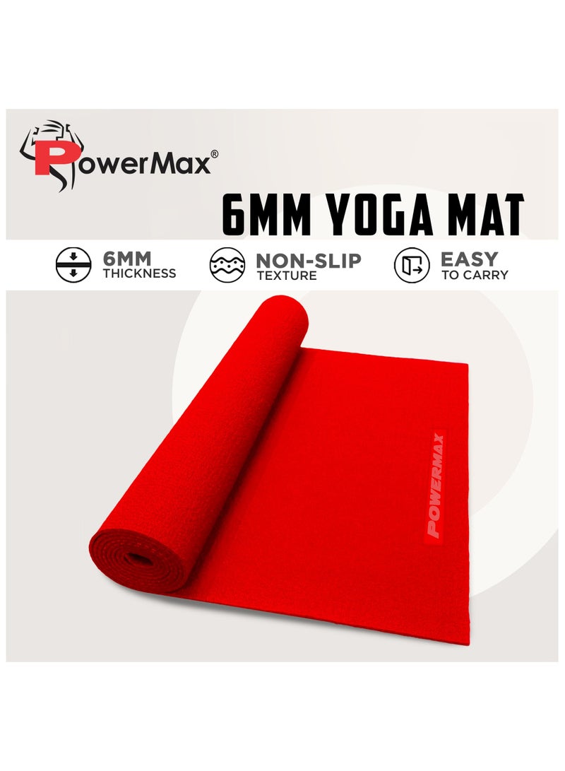 PowerMax Fitness 6mm thick Premium Exercise Red Colour Yoga Mat, Ultra-Dense Cushioning for Support and Stability in Yoga, Eco-Friendly Non-Slip Yoga Mat for Gym and Any General Fitness(Made In India) - Image 2