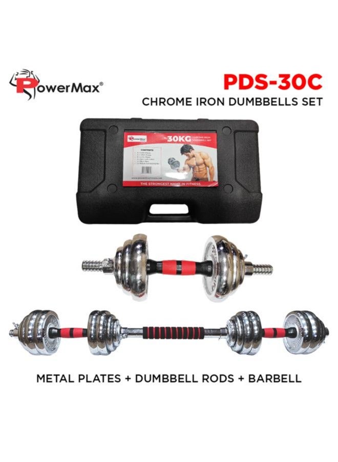 PowerMax Fitness Adjustable Dumbbell Set - Coated Iron Dumbbell and Anti-Slip Rod Set For Home Workout with Carry Case, Chrome, 30kg (Model Number: PDS-30C) - Image 1